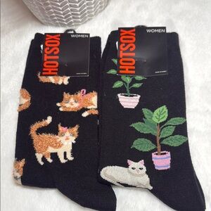 Hot Sox Black Socks with Cats and Plants